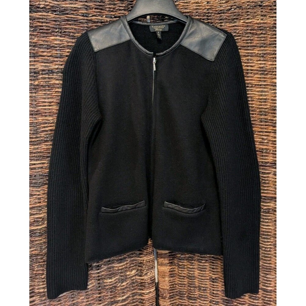 Charter Club Luxury 100% Cashmere Leather Zip Up Cardigan Sweater Medium Black